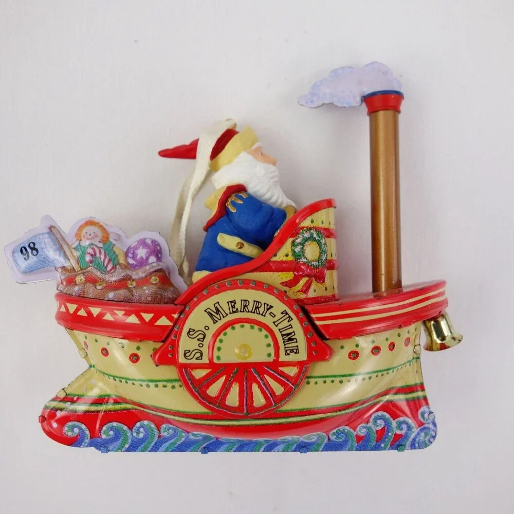 Vintage 1998‎ Hallmark Cruising Into Christmas Santa Tin Steamboat Ornament